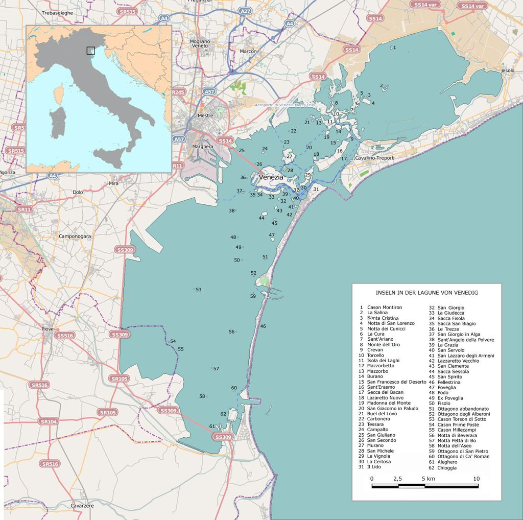 Карта Венецианской лагуны с указанием мест строительства проекта